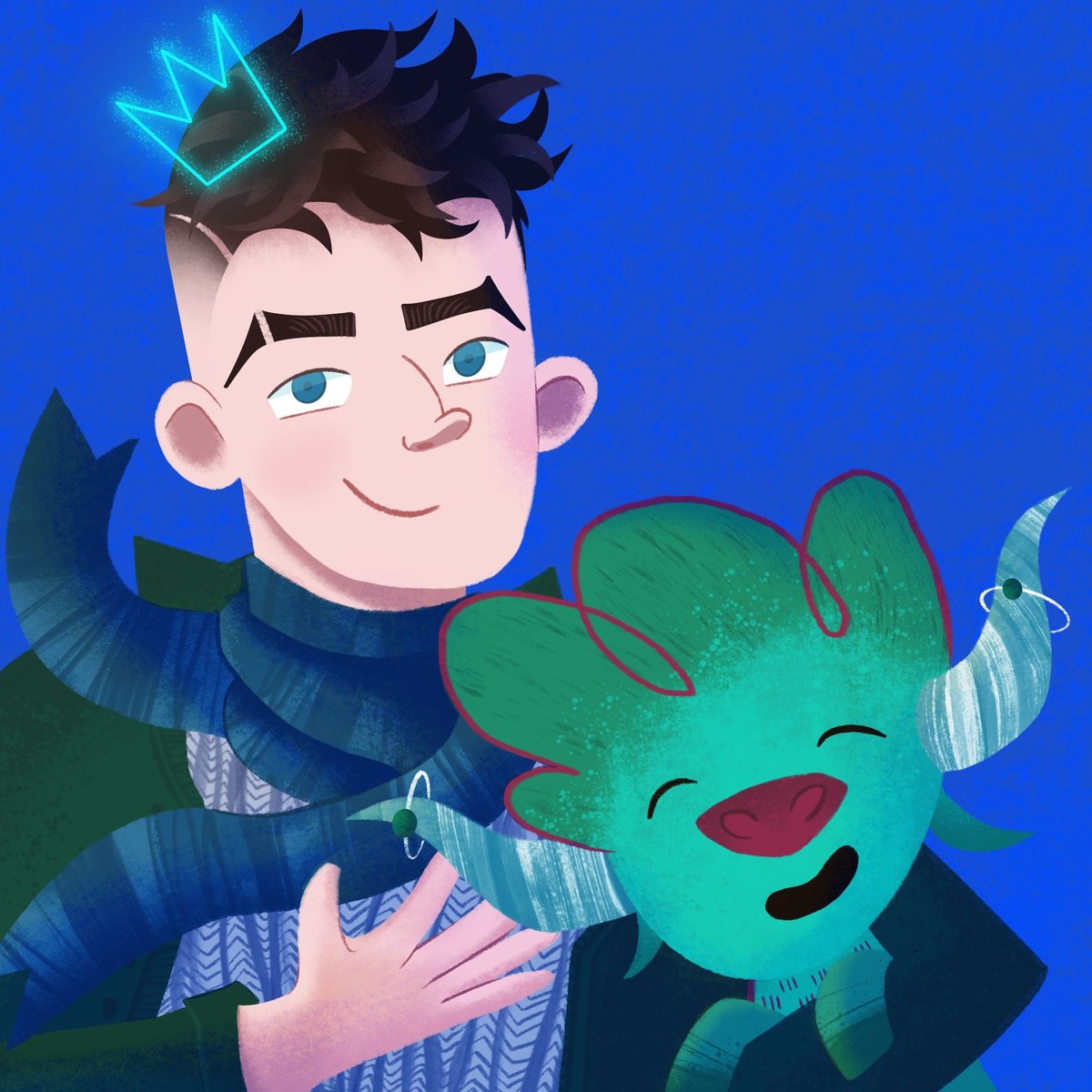 Illustrated self-portrait of Connor with Tauru
