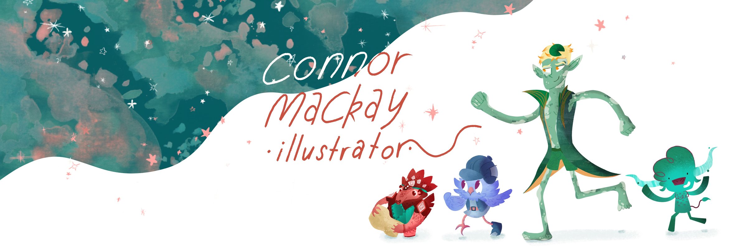 Connor Mackay, illustrator, with Pango, Floop, Koi and Tauru walking together