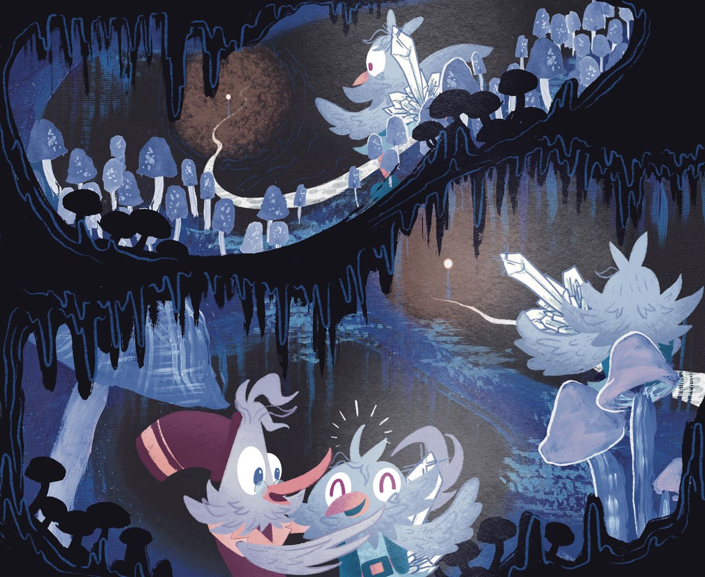 Crystal-gathering creatures in a glowing cave