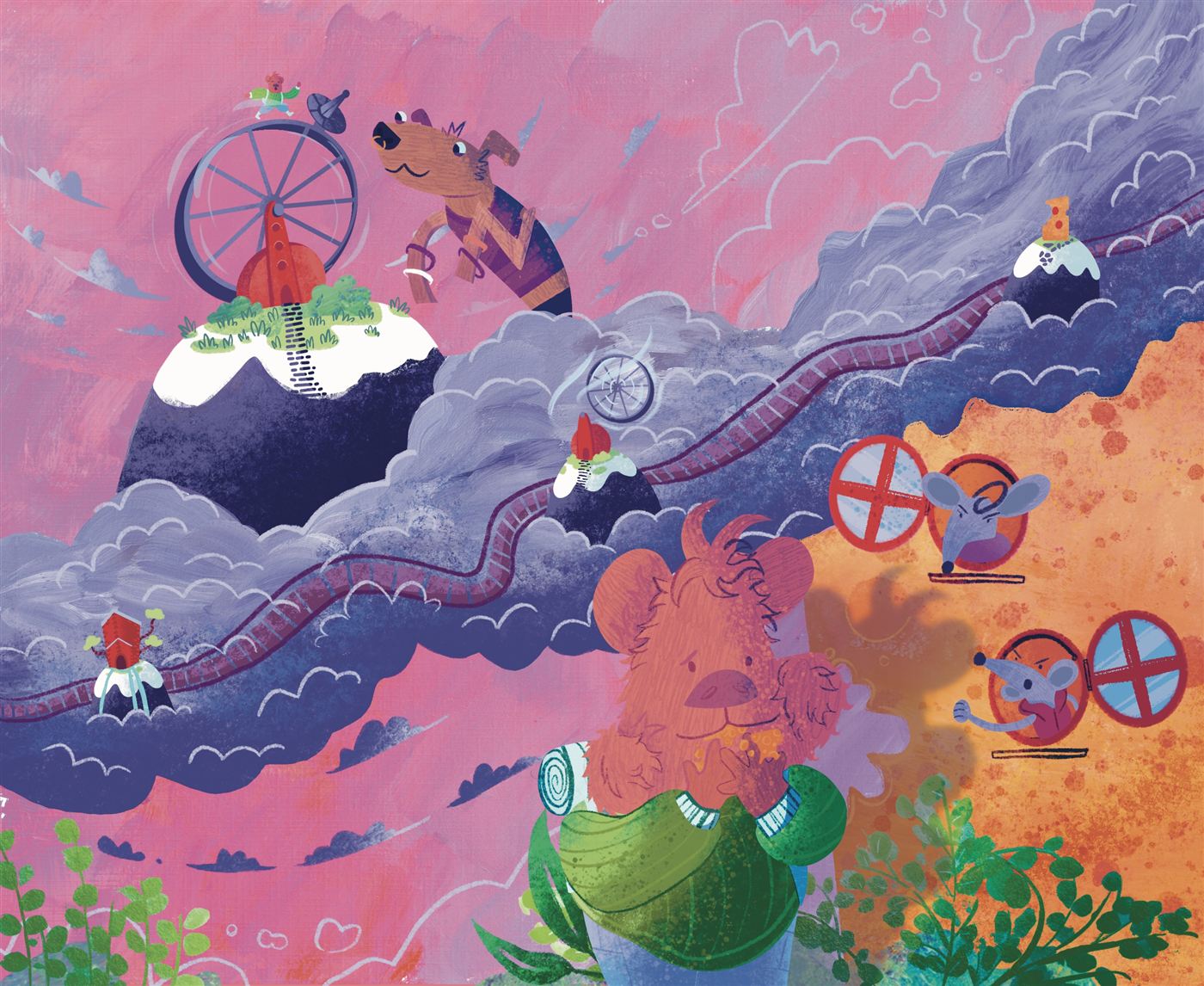 A mountain scene with travelling creatures