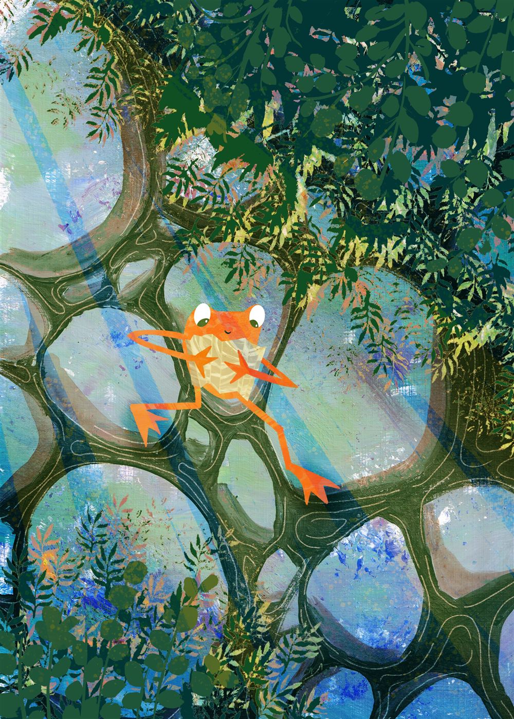 An orange tree frog among the branches