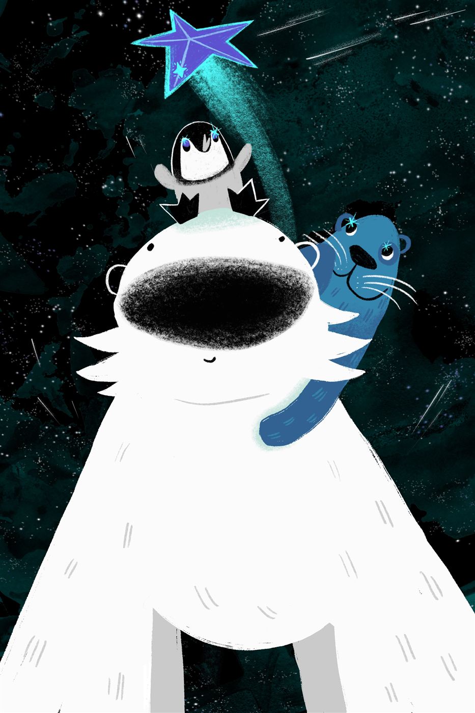 A penguin and a seal beneath a shooting star