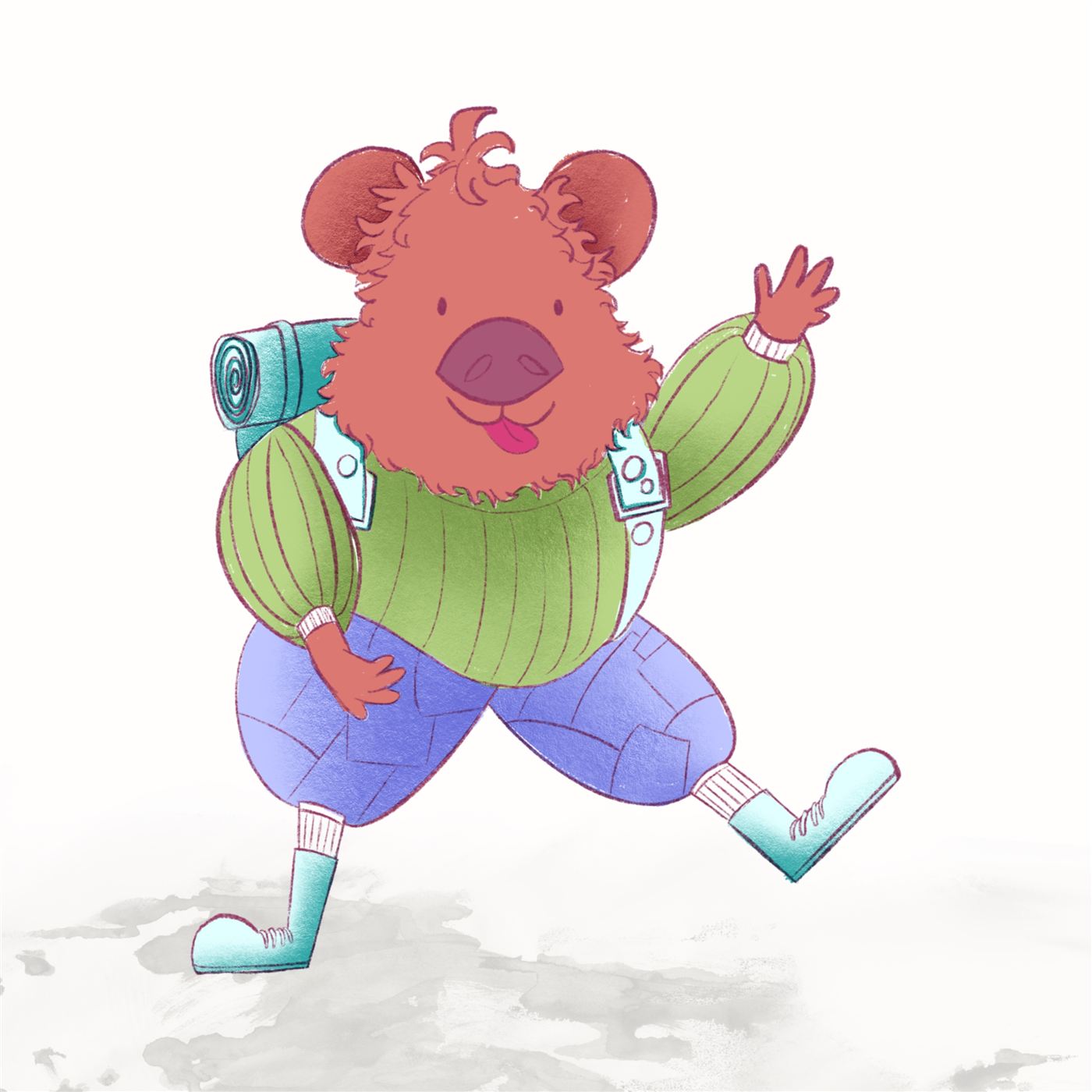 A running character with a camping backpack