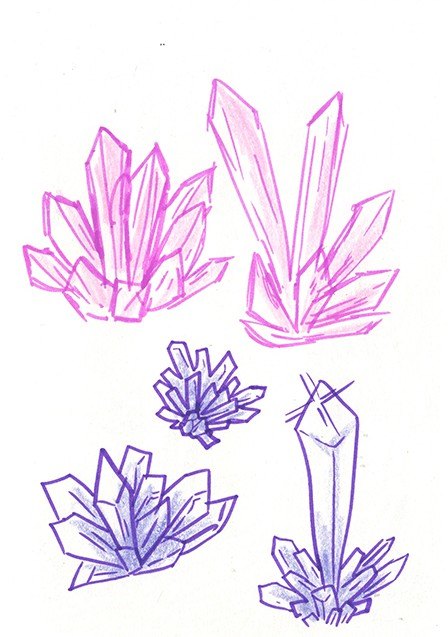 Coloured pencil crystal sketches