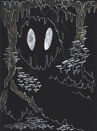 Ink sketch of glowing eyes in a dark cave