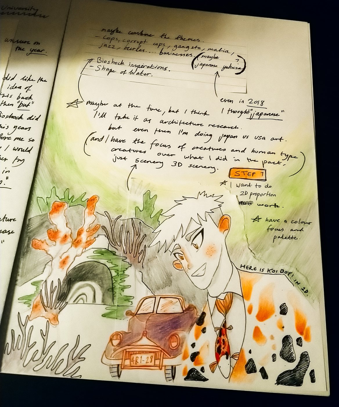 Early sketchbook page with koi-inspired character notes