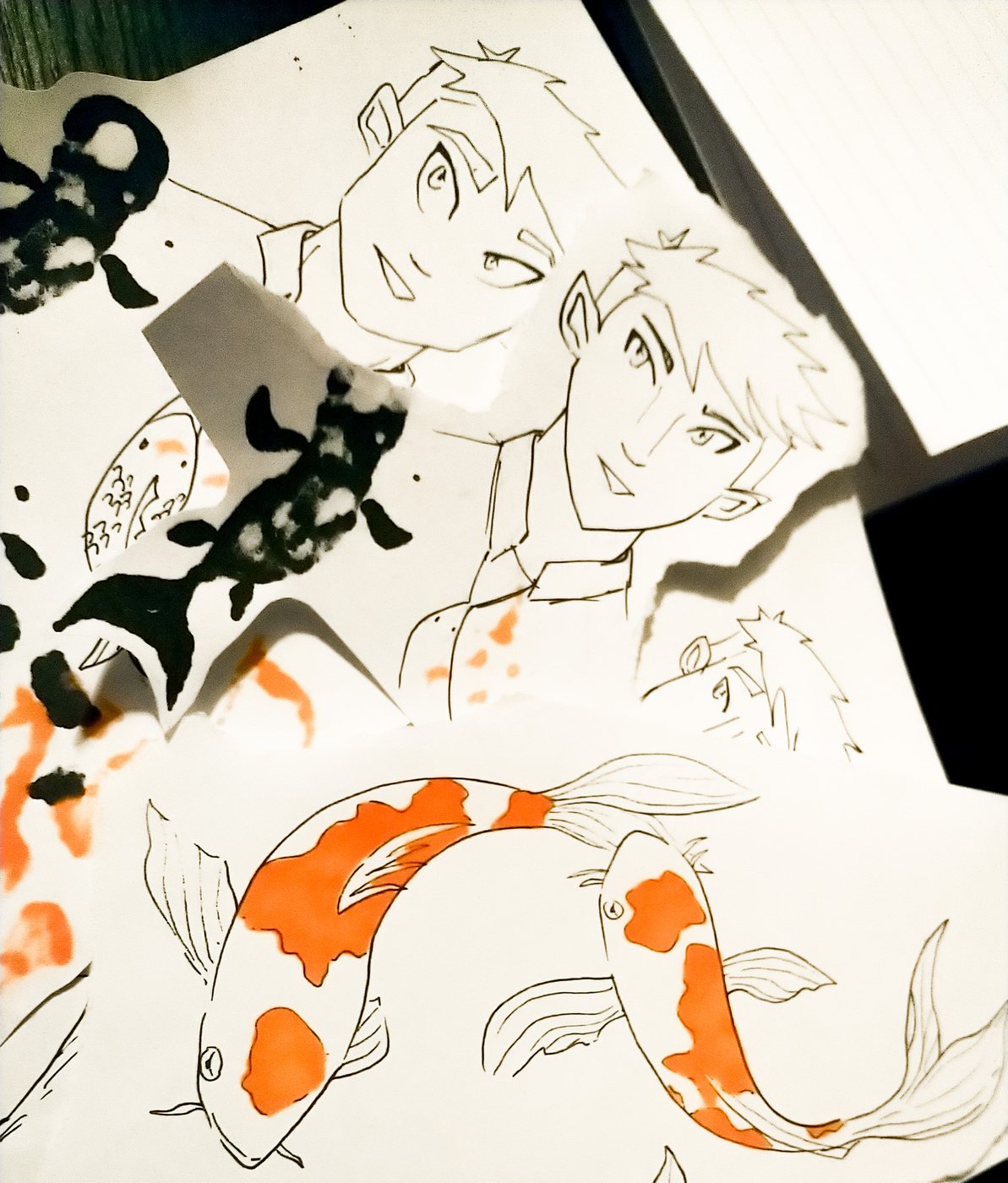 Ink sketches of koi fish and an early Koi character
