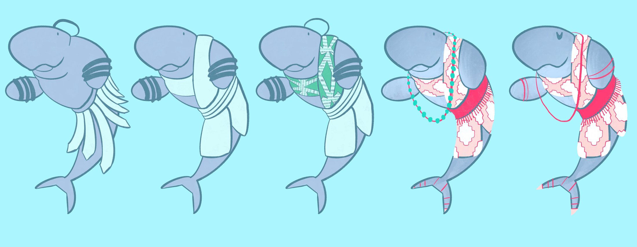 Five outfit and colour variations of Bo