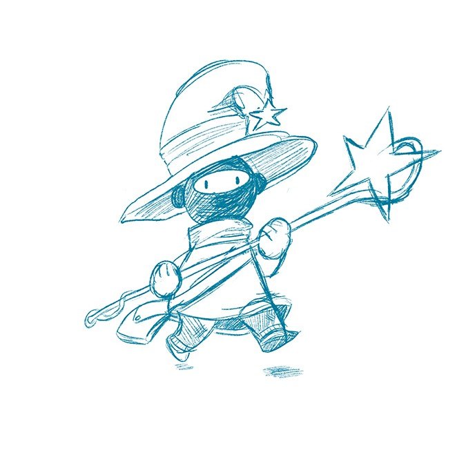 Original line sketch of a little wizard with a star staff