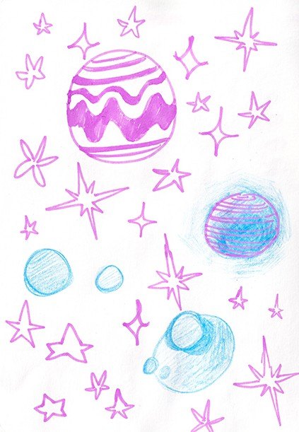 Coloured pencil planet and star sketches