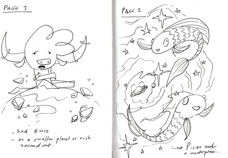 Pencil thumbnails for zine pages 1 and 2