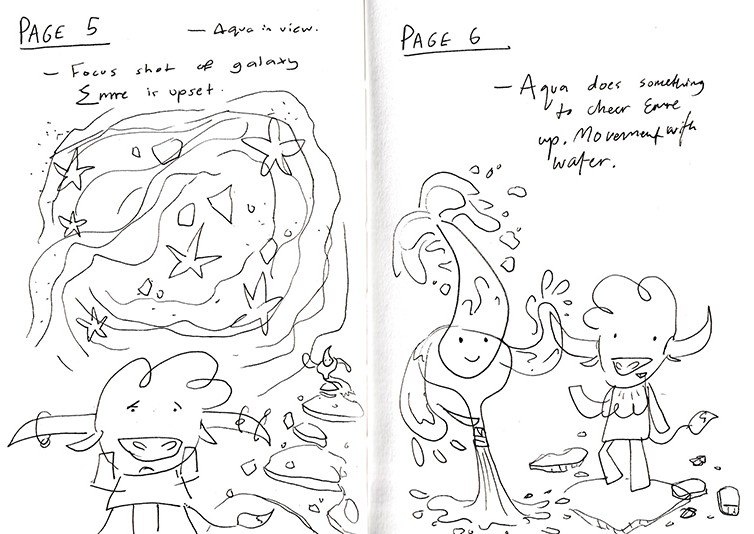 Pencil thumbnails for zine pages 5 and 6