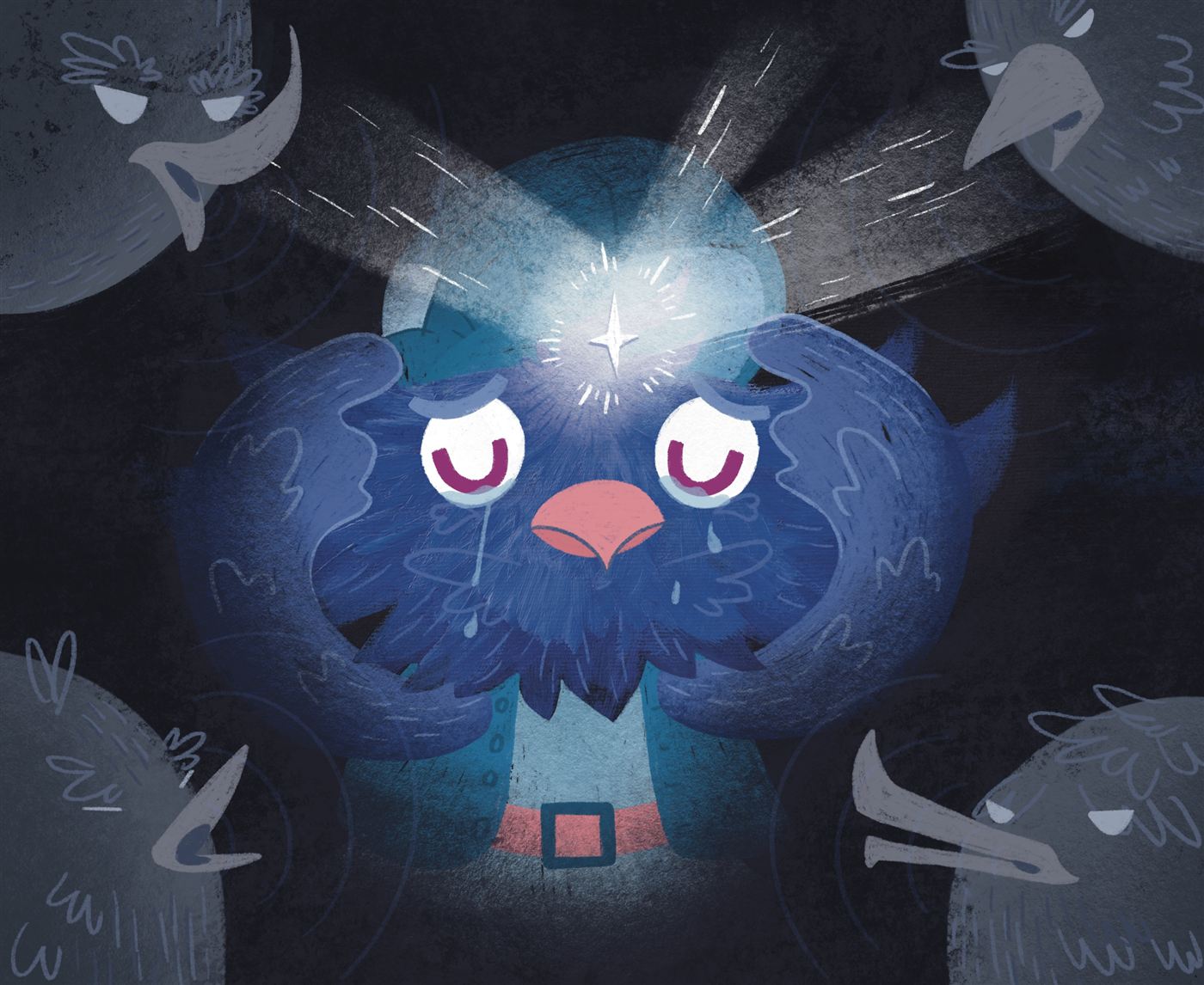 A glowing owl-like character surrounded by birds