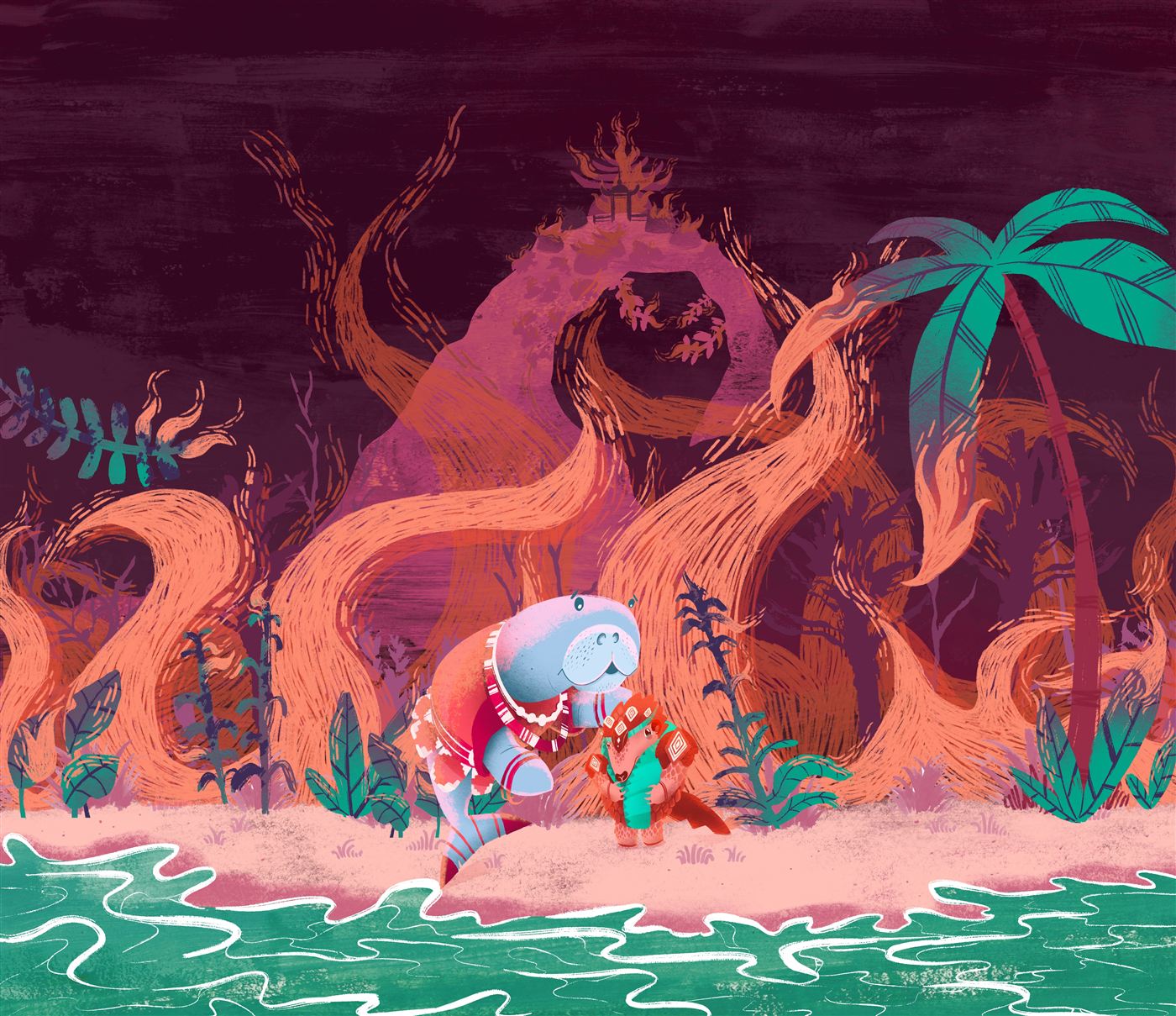 A manatee and a young pangolin on a beach