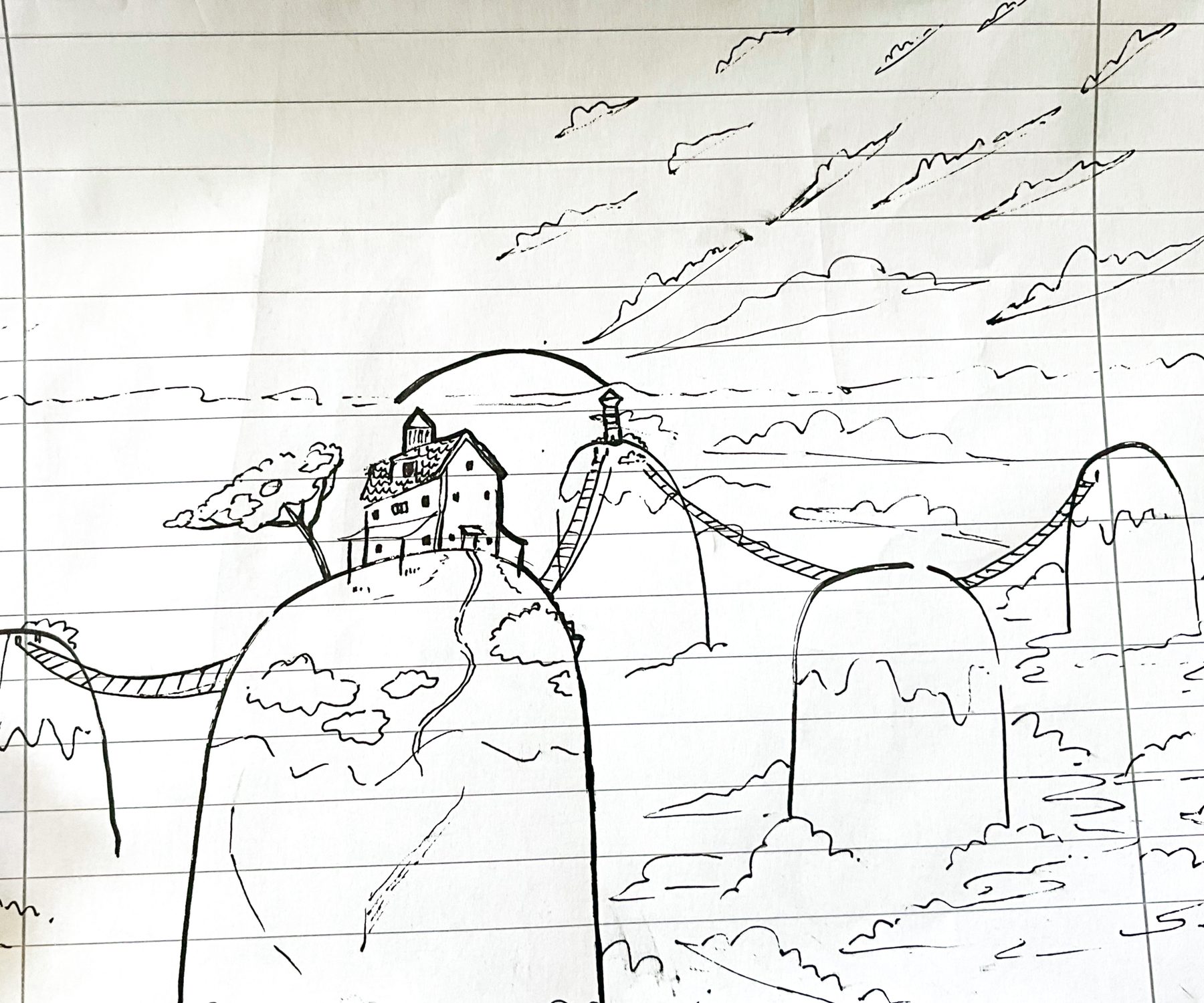 Architectural doodle, a hillside village linked by rope bridges