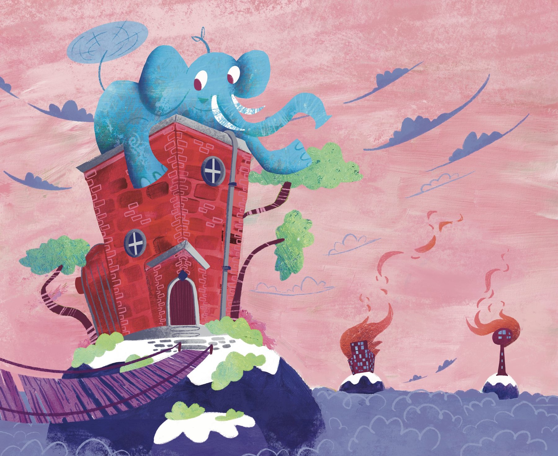The Elephant Firehouse, a floating brick tower with an elephant