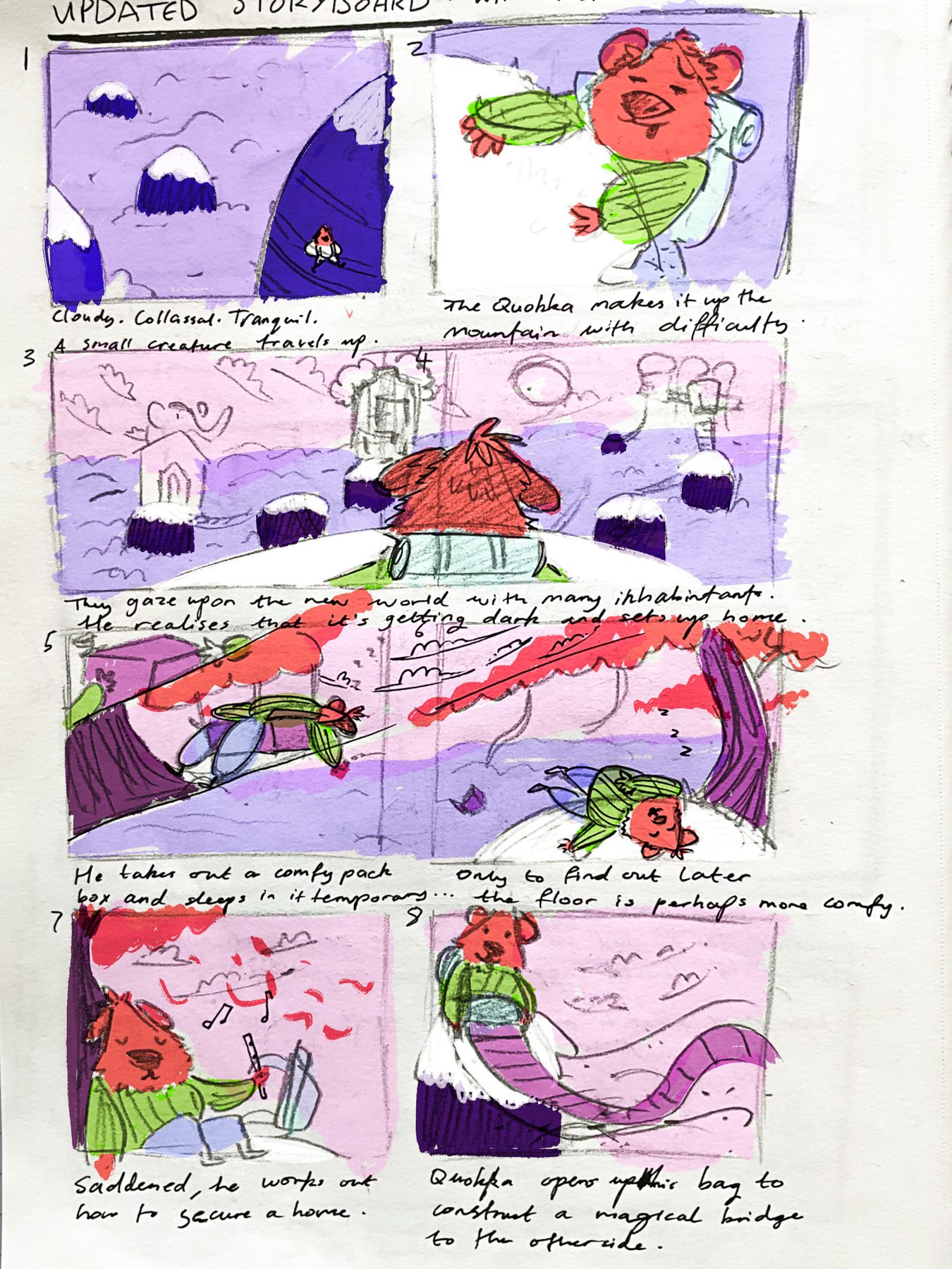 Quokka Bridges storyboard, page 1